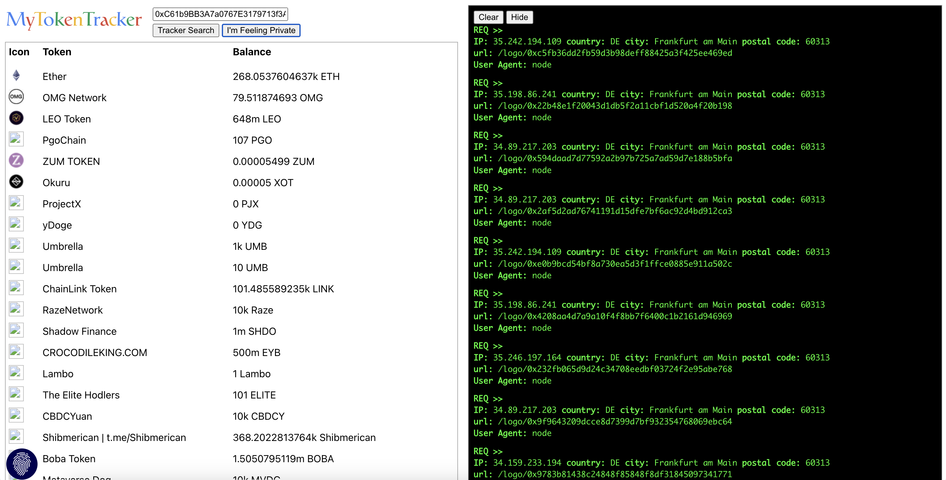 MyTokenTracker using HOPR mixnet prevents data leakage